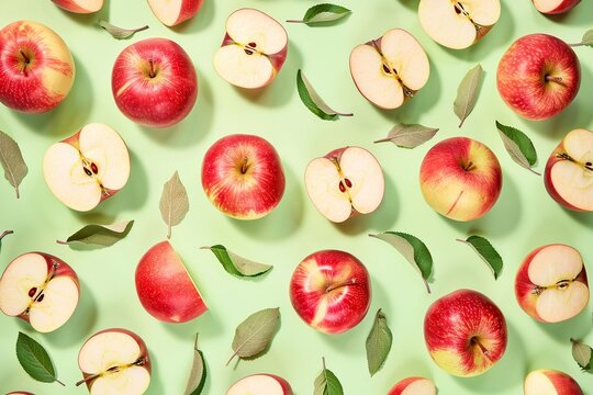 Pattern of fresh apple pieces on green background