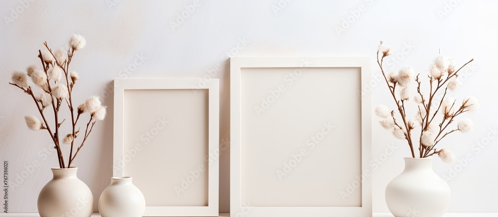 Aufkleber there are two vases with flowers and a picture frame positioned on the table