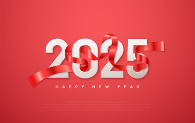 Happy New Year 2024, with white numbers wrapped around red ribbons. Bright Red Background Elegant. Premium vector design for greetings and celebration of Happy New Year 2024.