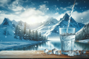 Pouring water from bottle into a glass on a background of winter landscape of mountains.  natural water. generative ai