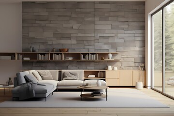 Experience the seamless integration of a 3D wall mockup in a modern Scandinavian living room, where form and function coalesce in a visually appealing composition.