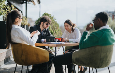 Diverse business associates discuss sales and profit growth during an outdoor meeting at a coffee bar, focusing on business expansion.