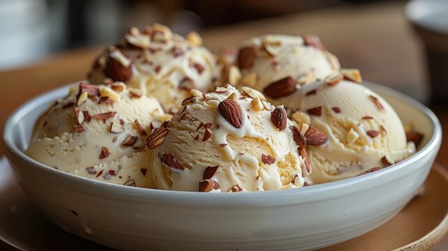 almond ice cream adorned with assorted nuts on a pristine white plate in a captivating close-up shot, showcasing abstract expressionism.