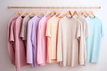 Pastel-colored t-shirts and sweatshirts hanging on hangers against white wall in minimalist setting