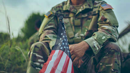 A veteran holding an American flag at a 4th of July remembrance ceremony. - obrazy, fototapety, plakaty