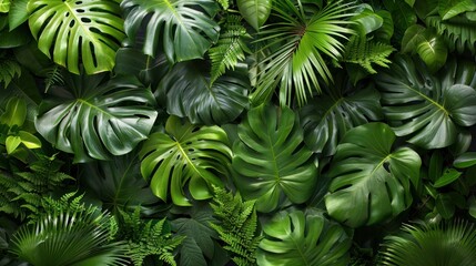 Tropical Greenery Backdrop with Monstera, Palm, Fern and Ornamental Plants - Nature Inspired Background for Design and Decor