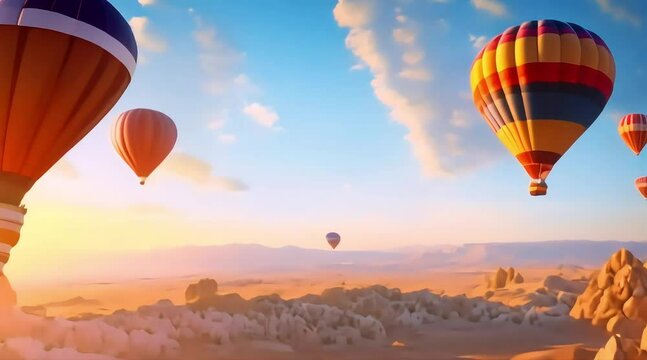 A high dynamic range image of a hot air balloon ride over Cappadocia, Turkey, showcasing the unique rock formations and fairy chimneys at dawn.
