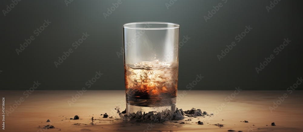 Poster in this image, there is a glass containing a drink with ice cubes and a small amount of dirt visible