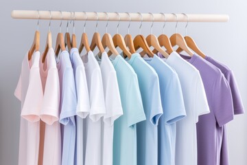 Pastel colored t-shirts on hangers against gray background, evoking freshness and style