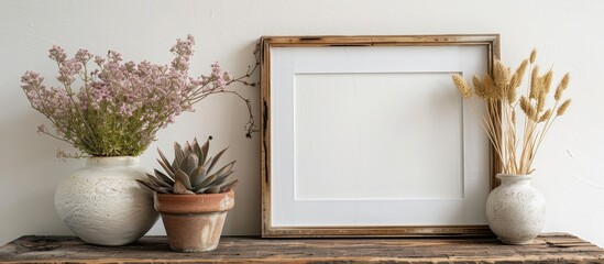 Frame containing a photo with crassula plant in a pot, dried Mallow flowers, and rye ears in a vase, all displayed on a wooden table. Portrait orientation.