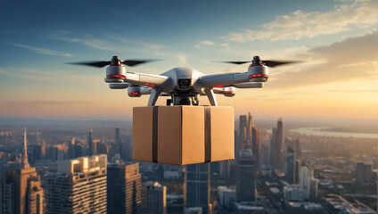 drone flies with a box over the city express