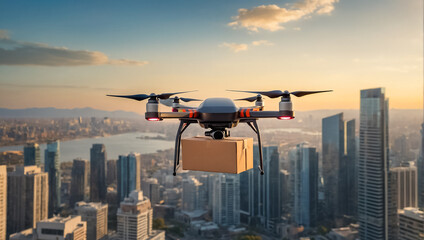 drone flies with a box over the city modern
