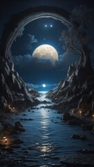 Wallpaper mountainous landscape illuminated by moonlight