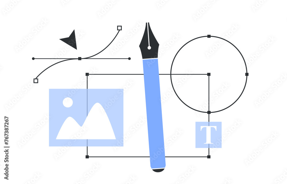 Poster graphic designer concept. digital drawing with pen tool in graphic editor program. vector illustrati