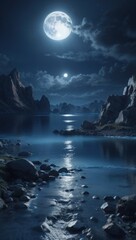 Naklejka premium Wallpaper mountainous landscape illuminated by moonlight