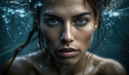 Portrait of a beautiful young woman underwater, Portrait of a beautiful young woman underwater, close-up. AI generated