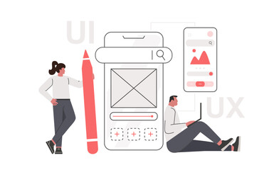 Mobile ui ux concept illustration. Team designers is working on mobile application. Creative creating functional app interface. Flat vector design.
