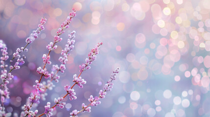 Blossoming branch with pink flowers on bokeh background. AI. - obrazy, fototapety, plakaty