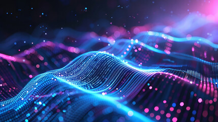3D rendering of abstract digital wave with glowing particles. Futuristic shape with depth of field and bokeh. AI.