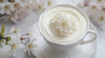Fototapeta na wymiar Coffee with jasmine flowers in a white cup.