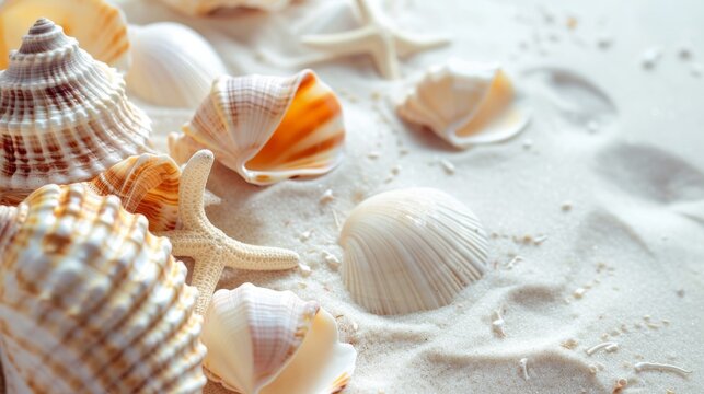 Seashells on the sand. Sea background. Summer concept