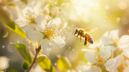 
A flying honey bee is captured in action, delicately collecting bee pollen from an apple blossom.  - obrazy, fototapety, plakaty