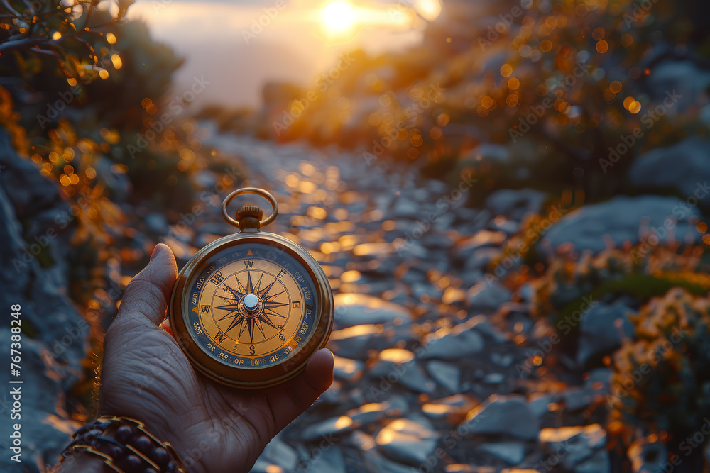 Poster compass pointing towards a path marked with helping hands. concept of guidance in times of need. gen