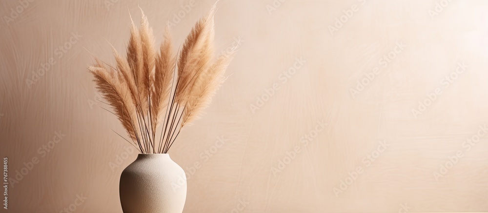 Poster there is a vase with some dried grass in it on a table