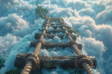 A rope ladder dangling from a cloud, offering a way up. Concept of reaching out for assistance from above. Generative Ai.