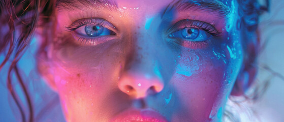 A woman's face is shown in a blue and purple light