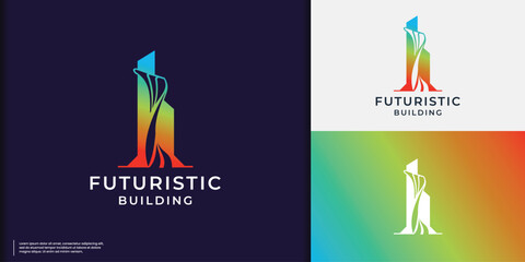 futuristic building with modern gradient color branding. future building logo design inspiration.