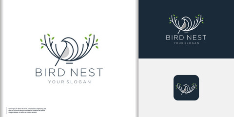 minimalist line Bird's and nest leaf logo design concept.