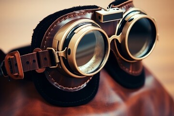 Retro style glasses on brown leather. Classic fashion eyewear with selective focus