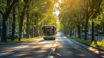 Bus Driving Down Street Beside Trees
