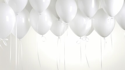Close-up shot capturing the delicate beauty of white balloons suspended on a clean white background, enhanced with a ribbon.