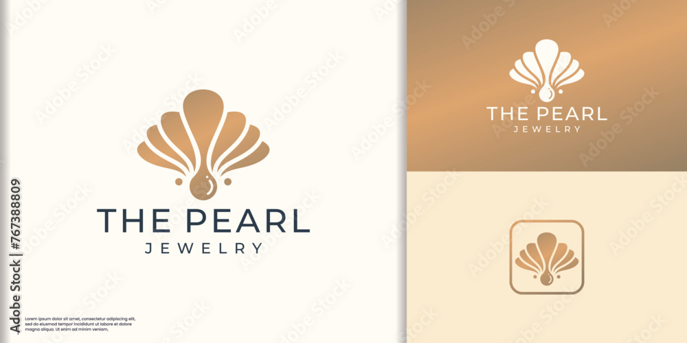 Wall mural elegant the pearl jewelry logo vector illustration with golden color branding. - Wall murals