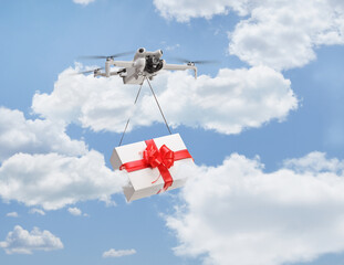 Drone delivering a gift box and flying