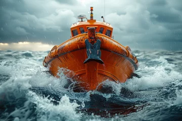 Foto op Plexiglas Schipbreuk A lifeboat sailing towards a shipwreck to rescue survivors. Concept of maritime rescue. Generative Ai.