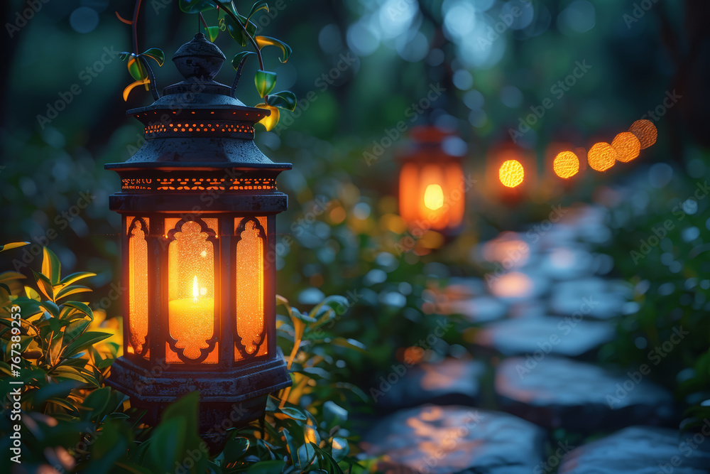 Poster a chain of lanterns lighting the path through darkness. concept of illuminating the way forward. gen