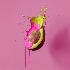 Avocado flying in the air with pink and green paint on pink background.