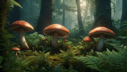 red mushroom in the forest, mushroom in the forest, mushrooms in the forest - obrazy, fototapety, plakaty