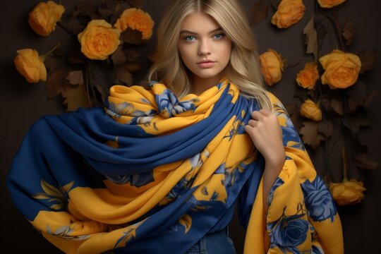 Beautiful blonde woman wearing stylish yellow-blue shawl in elegant portrait