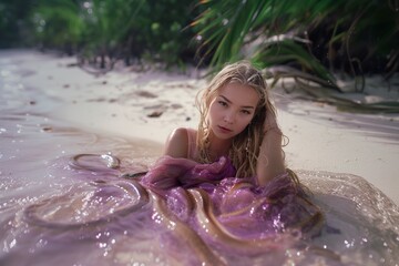 Paradise photography of a female model in the purple ocean, snakes around her, juxtaposition of light and shadow