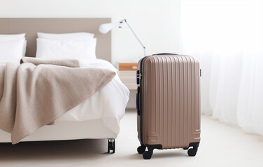 modern brown suitcase on white bed on white bedroom background