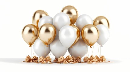 Captivating mockup featuring a set of metallic balloons with shimmering surfaces, arranged artistically on a white background and adorned with a satin ribbon.