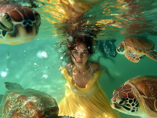 Underwater photography, female model in the green ocean, turtles around her