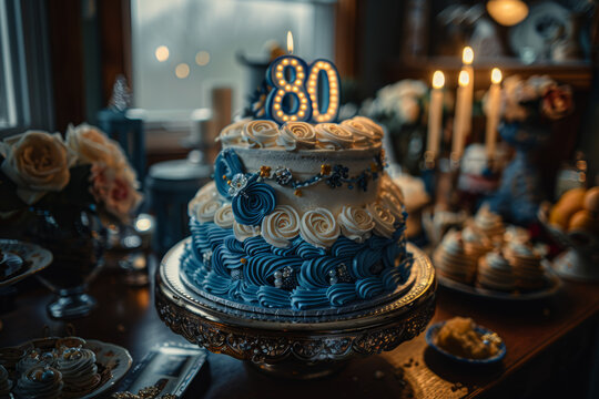 A family reunion with a cake adorned with the number "80," surrounded by photos and memories from the octogenarian's life. Celebration of a milestone birthday. Generative Ai.