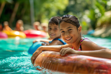 Children Enjoying Pool Time with Colorful Floats - Powered by Adobe