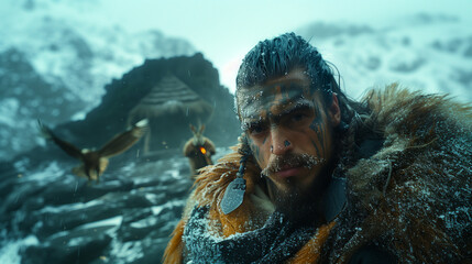 Viking outside of his hut in the snowy mountains