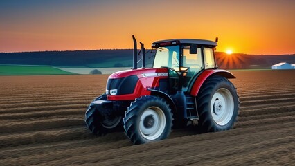 Fototapeta premium Modern tractor equipment plows an agricultural meadow on a farm in spring or autumn. A farmer cultivates the soil before planting plants, crops in the countryside.